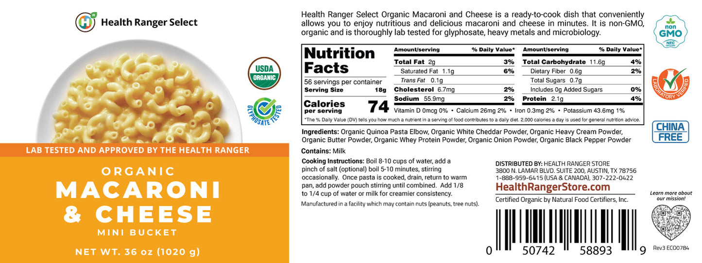 The Health Ranger's Organic Wheat-Free Macaroni & Cheese with NO Added Salt (Mini-Bucket) 36 oz (1020 g)