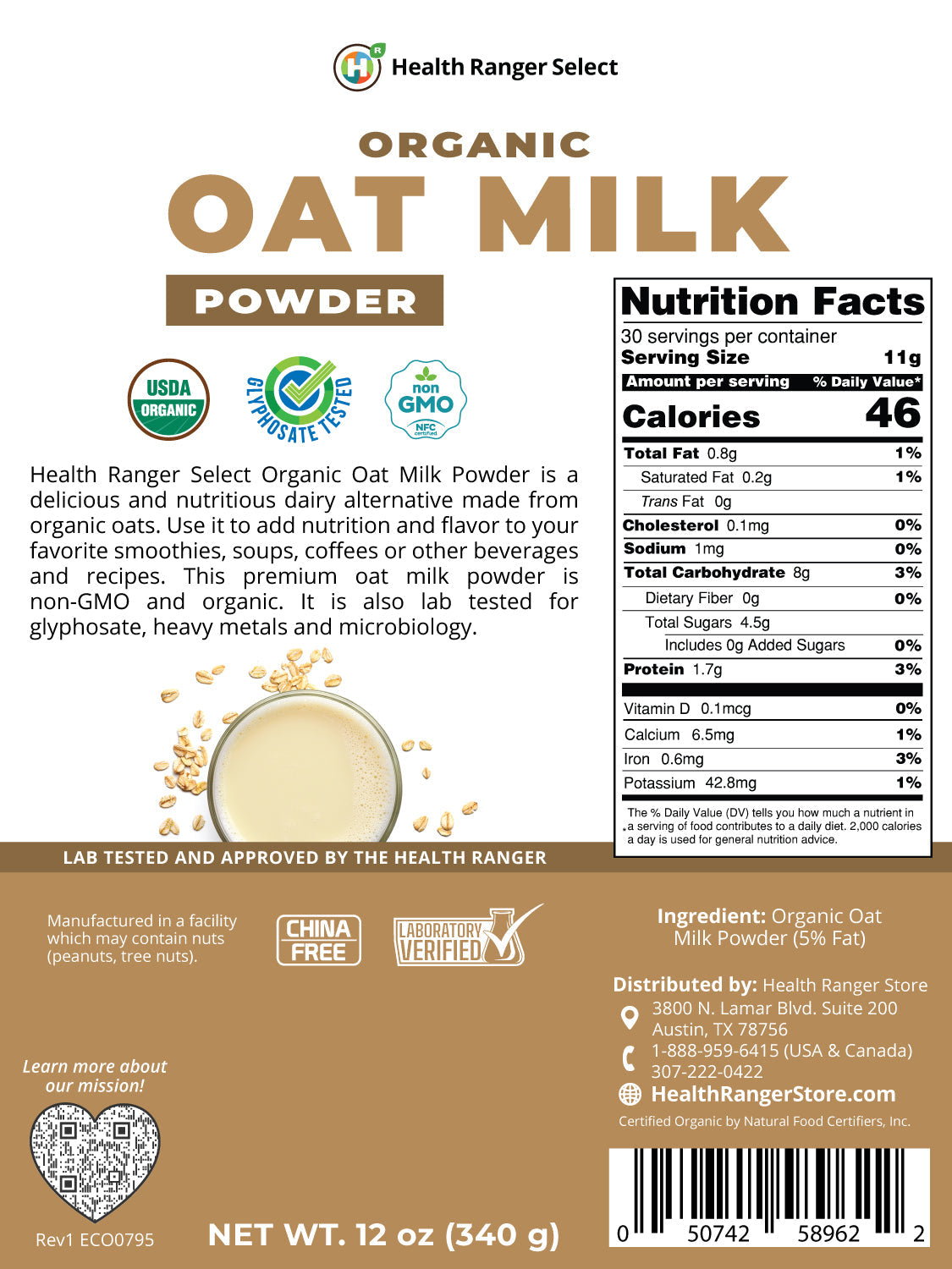 Organic Oat Milk Powder 12 oz (340g)
