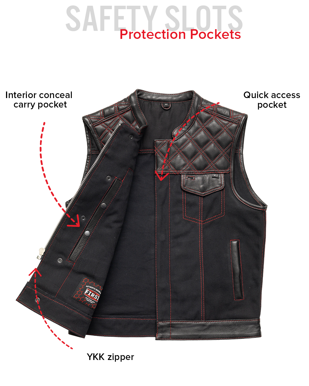 Hunt Club Motorcycle Leather Canvas Vest Black/Red
