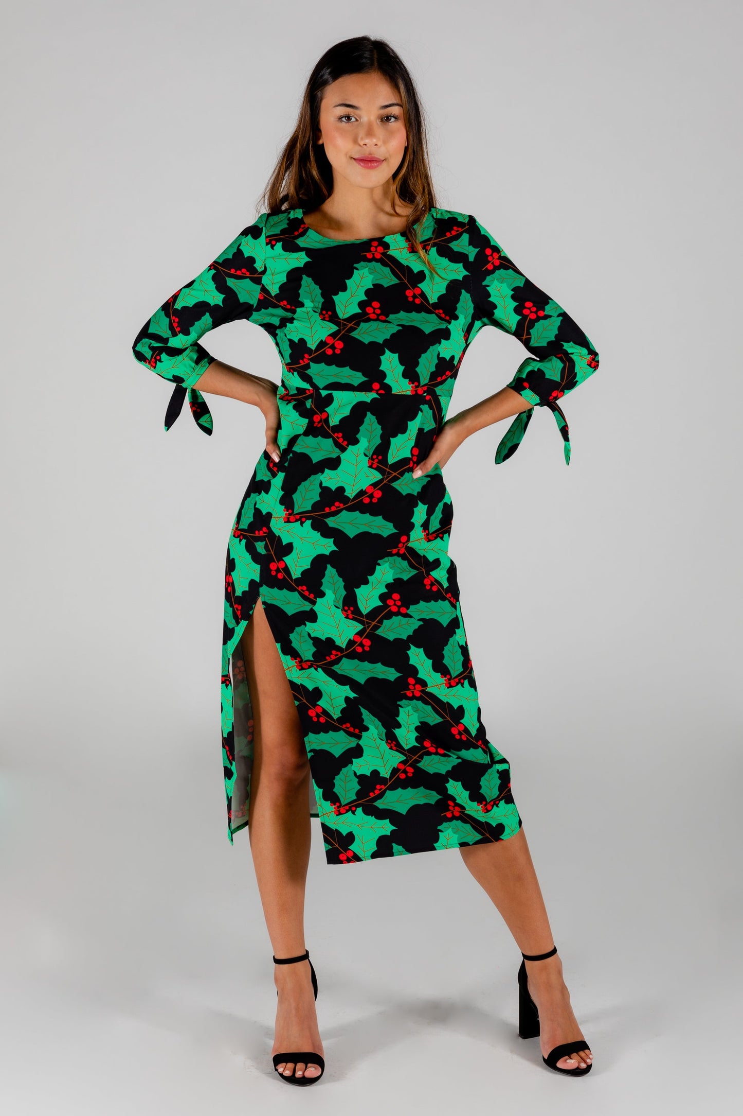 The Deck Yourselves | Holly Pattern Midi Formal Christmas Dress