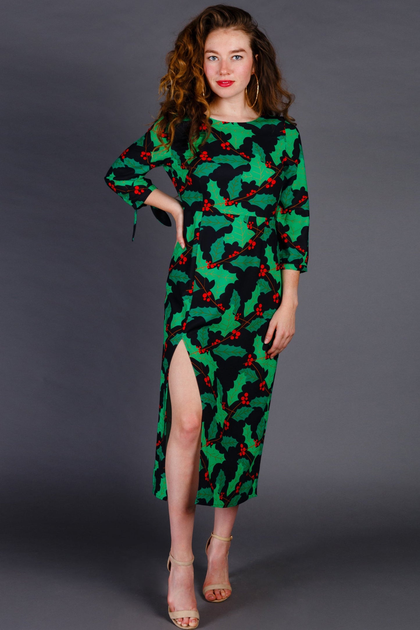The Deck Yourselves | Holly Pattern Midi Formal Christmas Dress