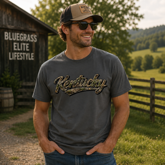 Kentucky Camo Shirt | Outdoor Script Design | Classic Cotton