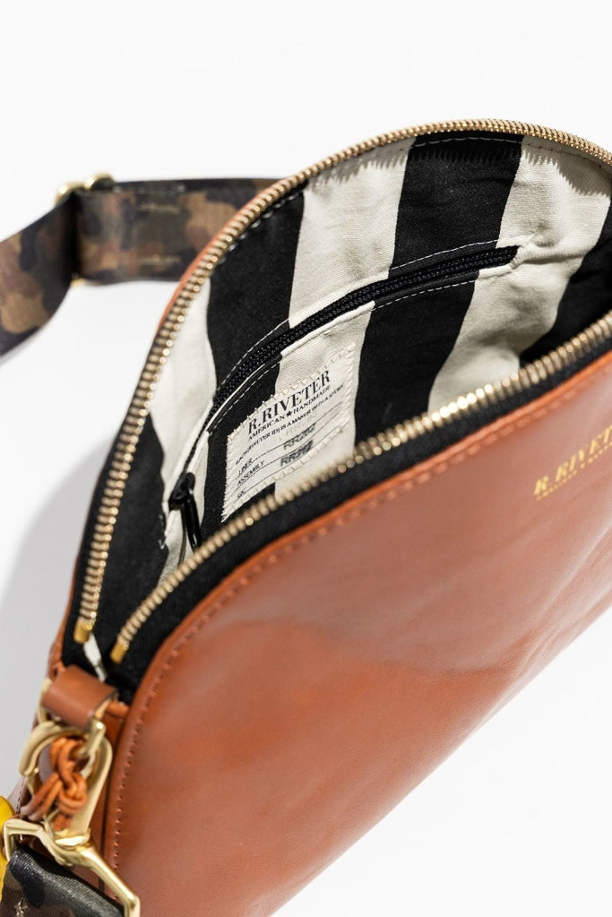 Hopper | Riveter Tan Leather Crossbody Bag with Camo Webbed Strap