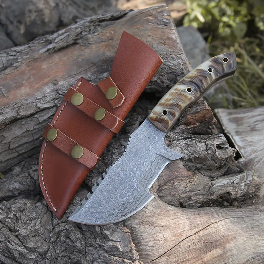 10”Custom Hand Made Forged Damascus Steel Tracker Hunting Camping Knife With Ram Horn Handle WH 3845