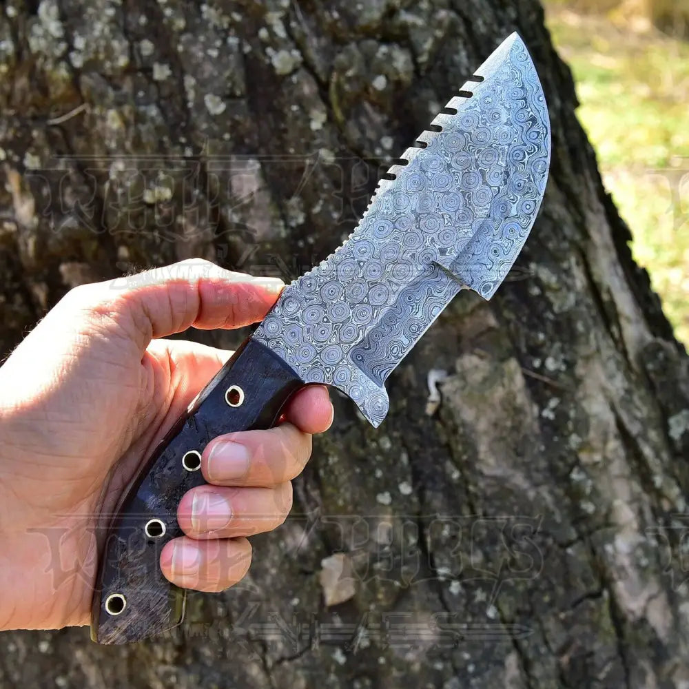 10”Custom Hand Made Forged Damascus Steel Tracker Hunting Camping Knife With Ram Horn Handle WH 3845