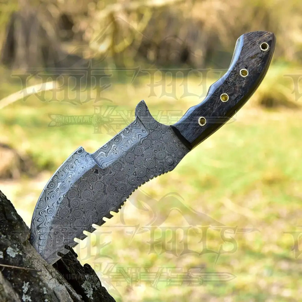 10”Custom Hand Made Forged Damascus Steel Tracker Hunting Camping Knife With Ram Horn Handle WH 3845