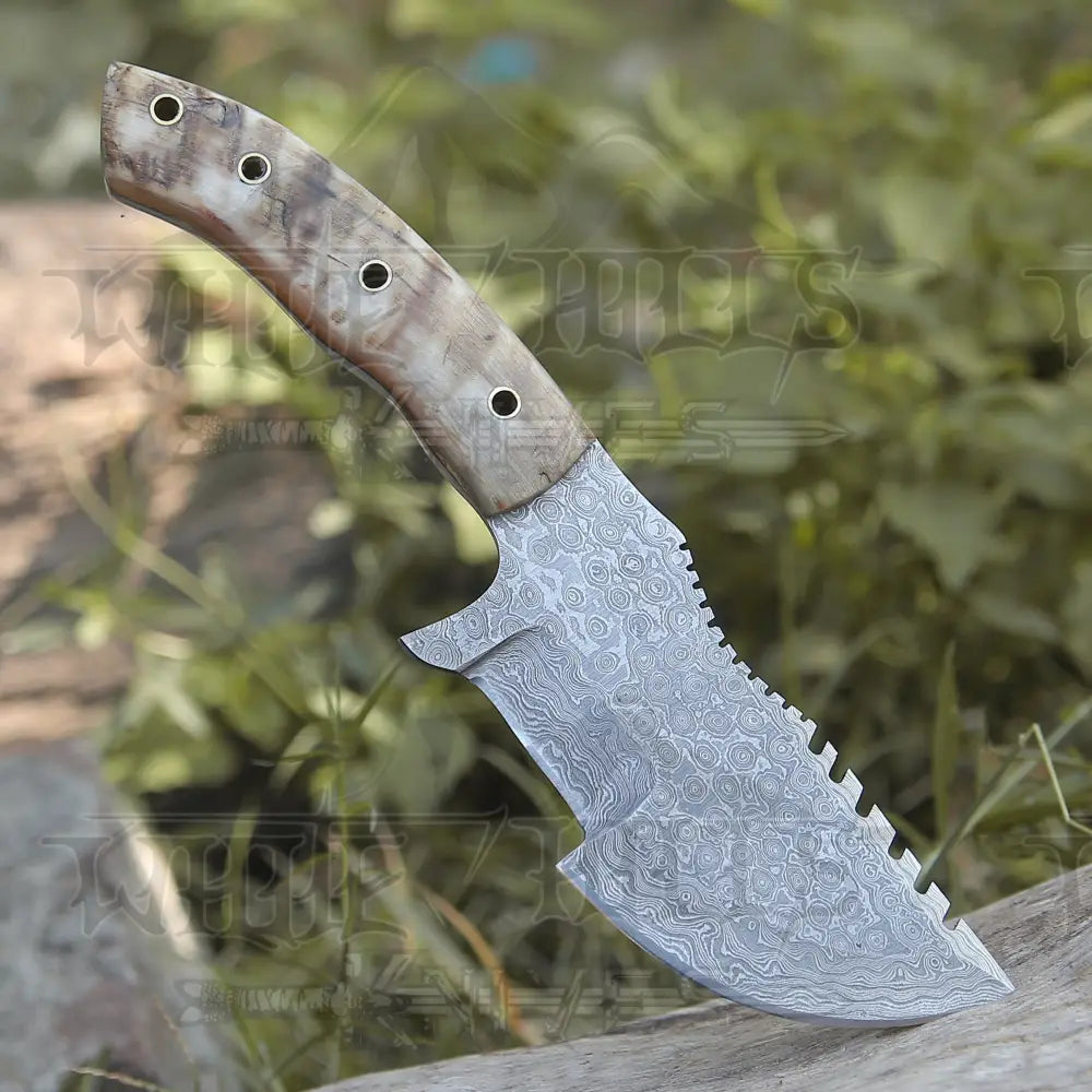 10”Custom Hand Made Forged Damascus Steel Tracker Hunting Camping Knife With Ram Horn Handle WH 3845