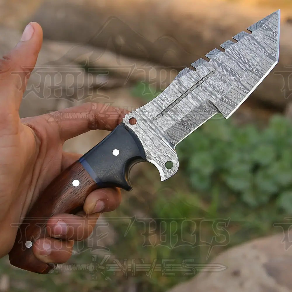 10”Custom Hand Made Forged Damascus Steel Tracker Hunting Camping Knife With Wood & Resin Handle