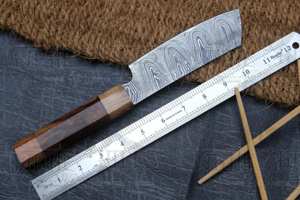 11" Handmade Santoku Damascus Chef Knife Olive Wood & Dark wood Handle with Leather Sheath