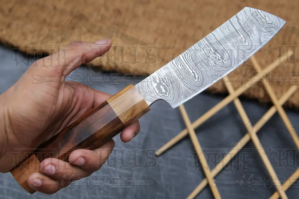 11" Handmade Santoku Damascus Chef Knife Olive Wood & Dark wood Handle with Leather Sheath