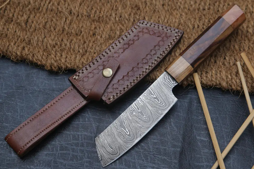 11" Handmade Santoku Damascus Chef Knife Olive Wood & Dark wood Handle with Leather Sheath