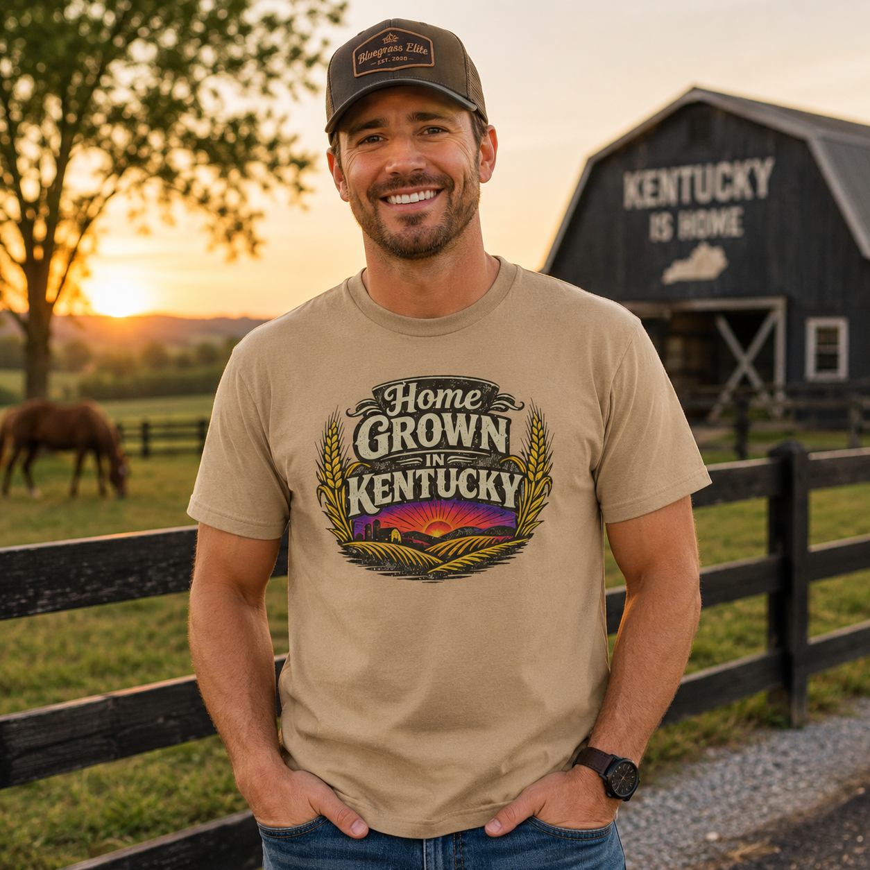 Home Grown in Kentucky T-Shirt | Vintage Wheat & Hills Design | Classic Cotton