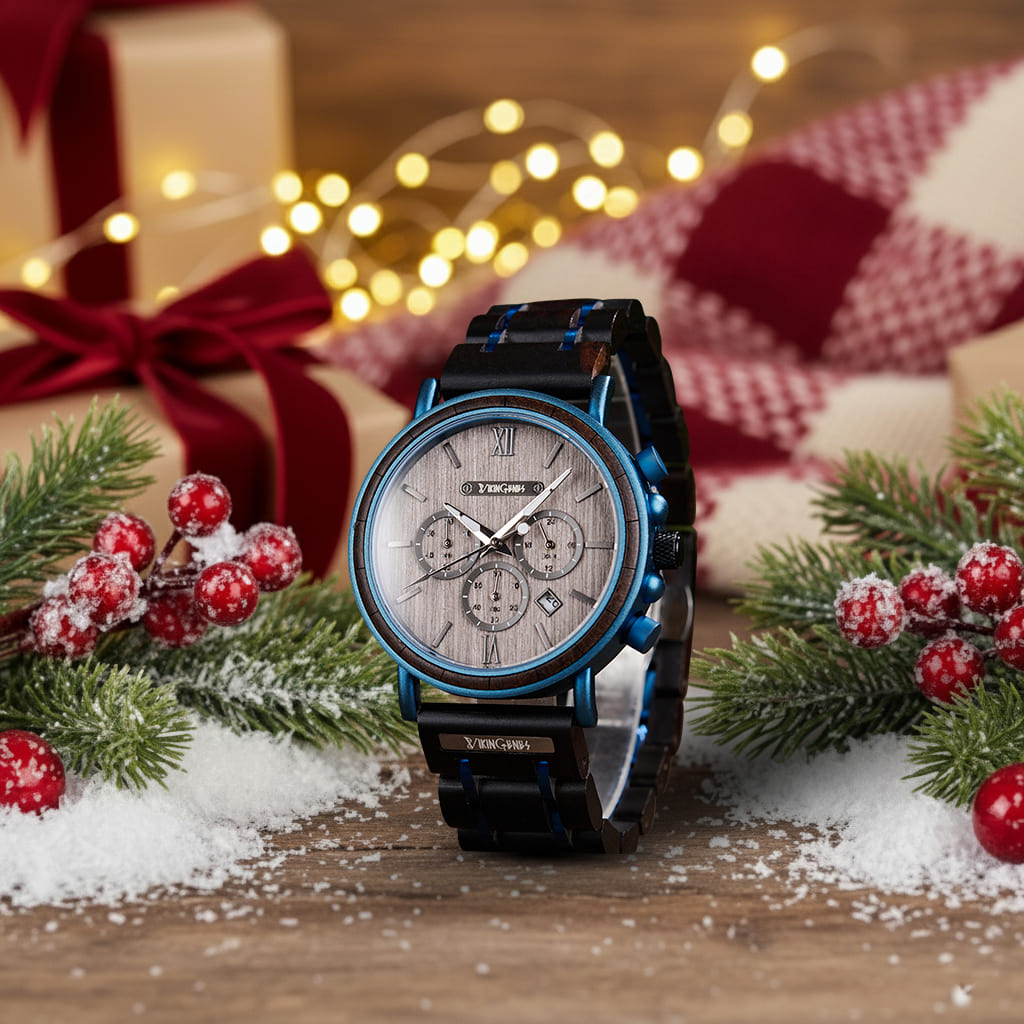 Black & Blue Wooden Chronograph Watch