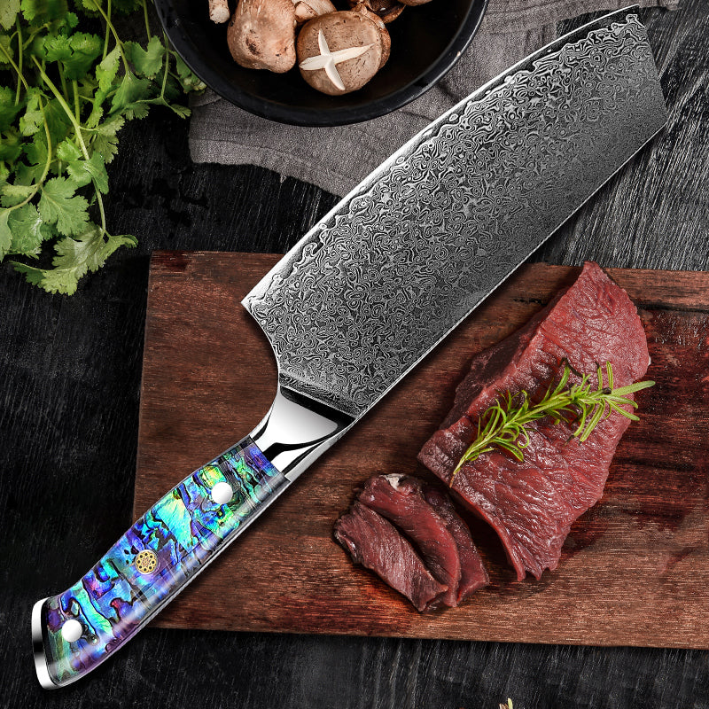 Ronin VG10 Damascus Cleaver Knife with Exotic Abalone Shell Composite Handle
