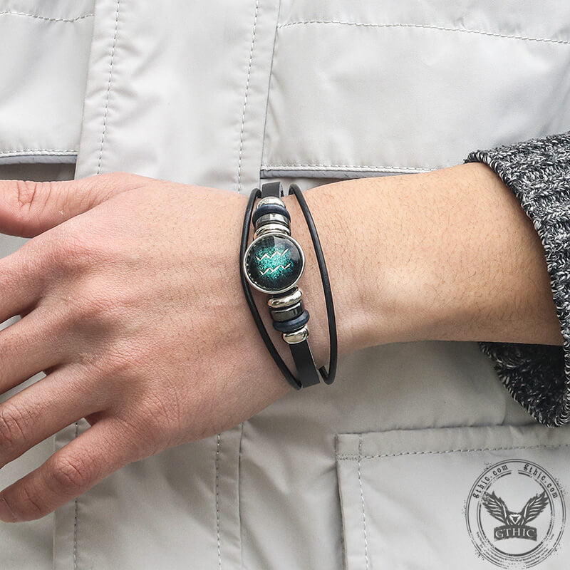 12 Constellation Multi-layer Leather Stainless Steel Bracelet