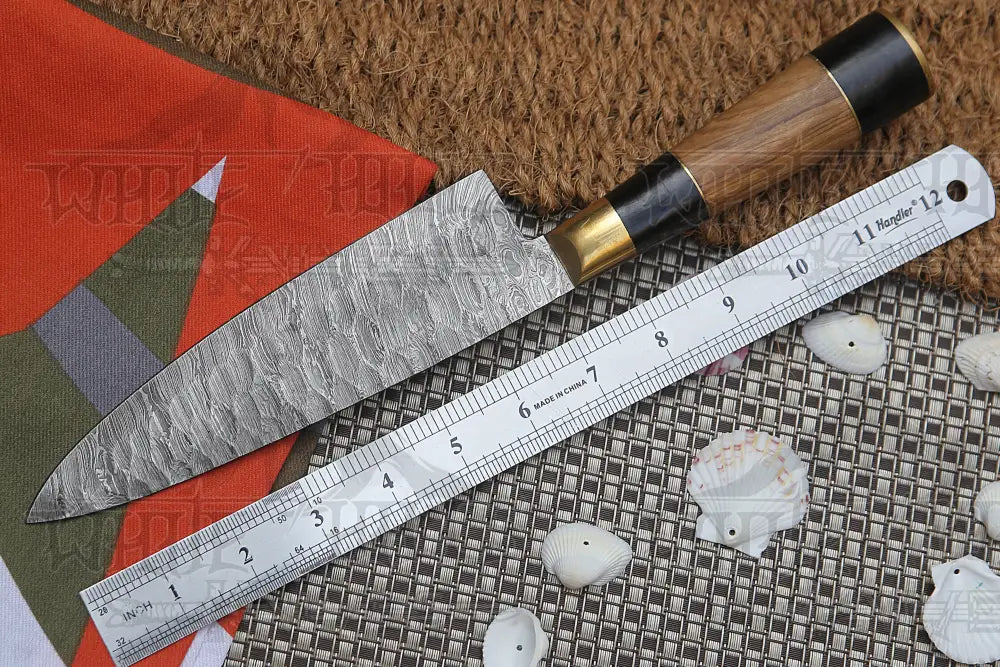 13" Handmade Santoku Damascus Chef Knife Buffalo Horn with Olive Wood Handle