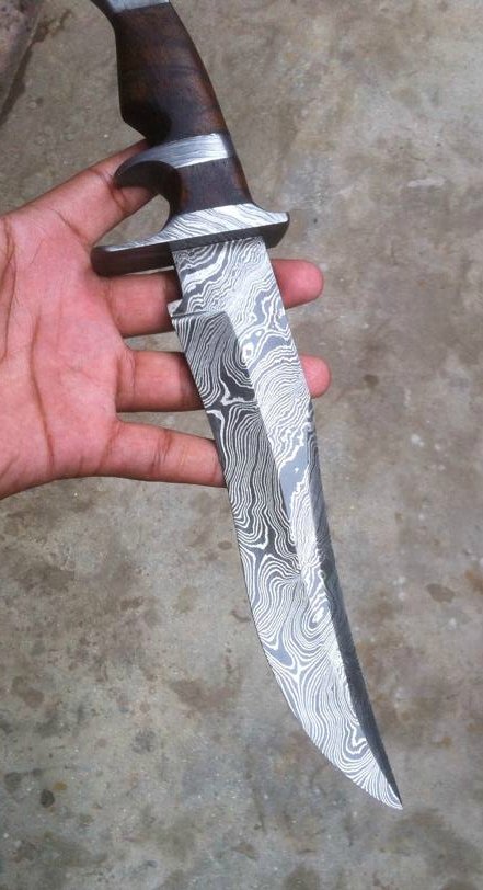 Original Bowie Knife - Full Tang Damascus Steel Blade, Rosewood Handle, Damascus Guards | KBS Knives
