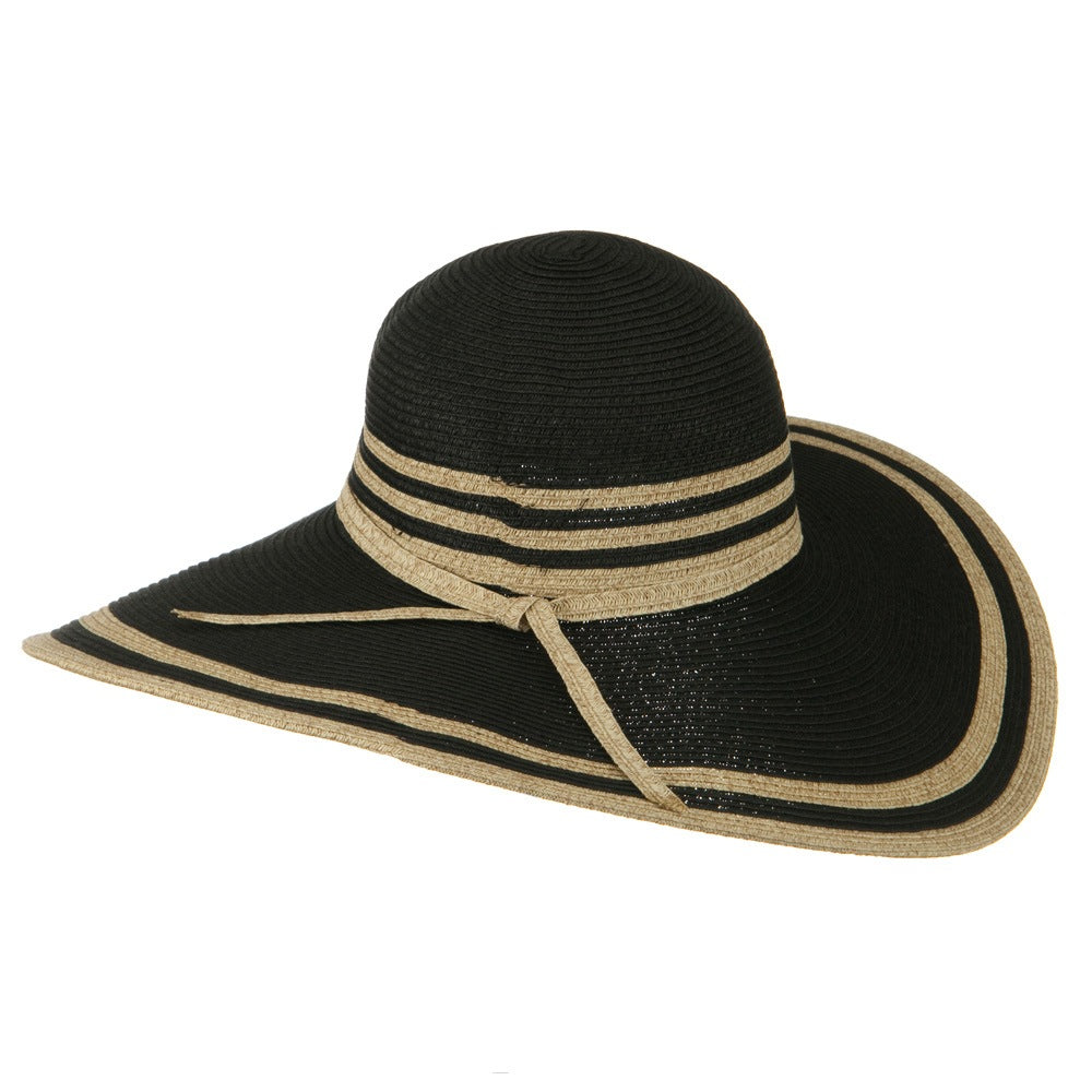 UPF 50+ Two Tone Stripe Wide Brim Self Tie Hat