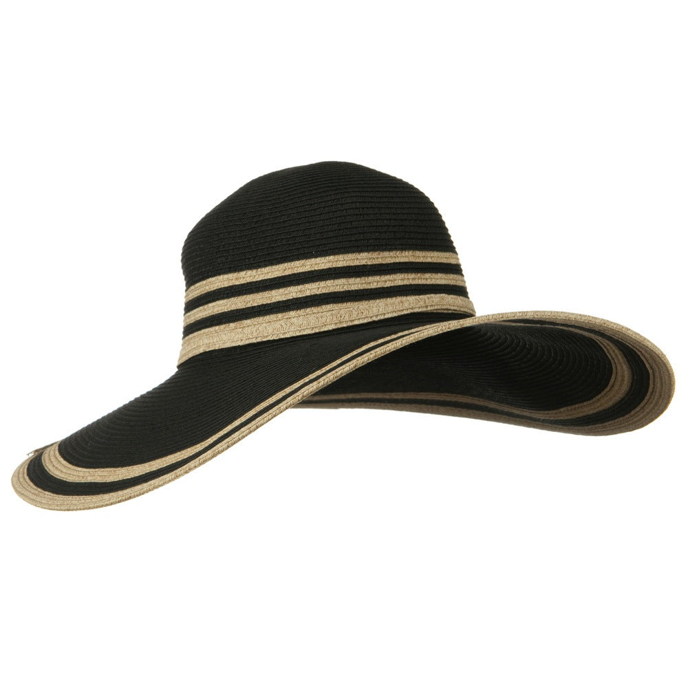 UPF 50+ Two Tone Stripe Wide Brim Self Tie Hat