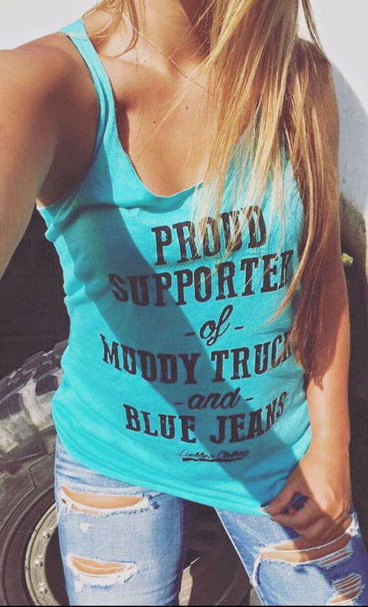 Muddy Trucks and Blue Jeans Tank Top | Blue, Military Green
