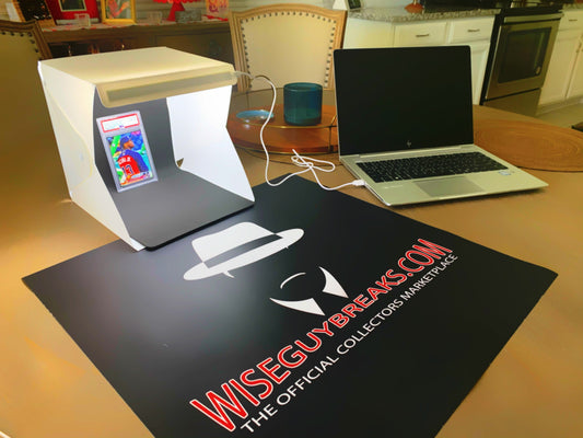 LED Photo Box Sports Cards Pro Edition 8in x 8in with USB Cable, Travel Bag and 2 Backgrounds