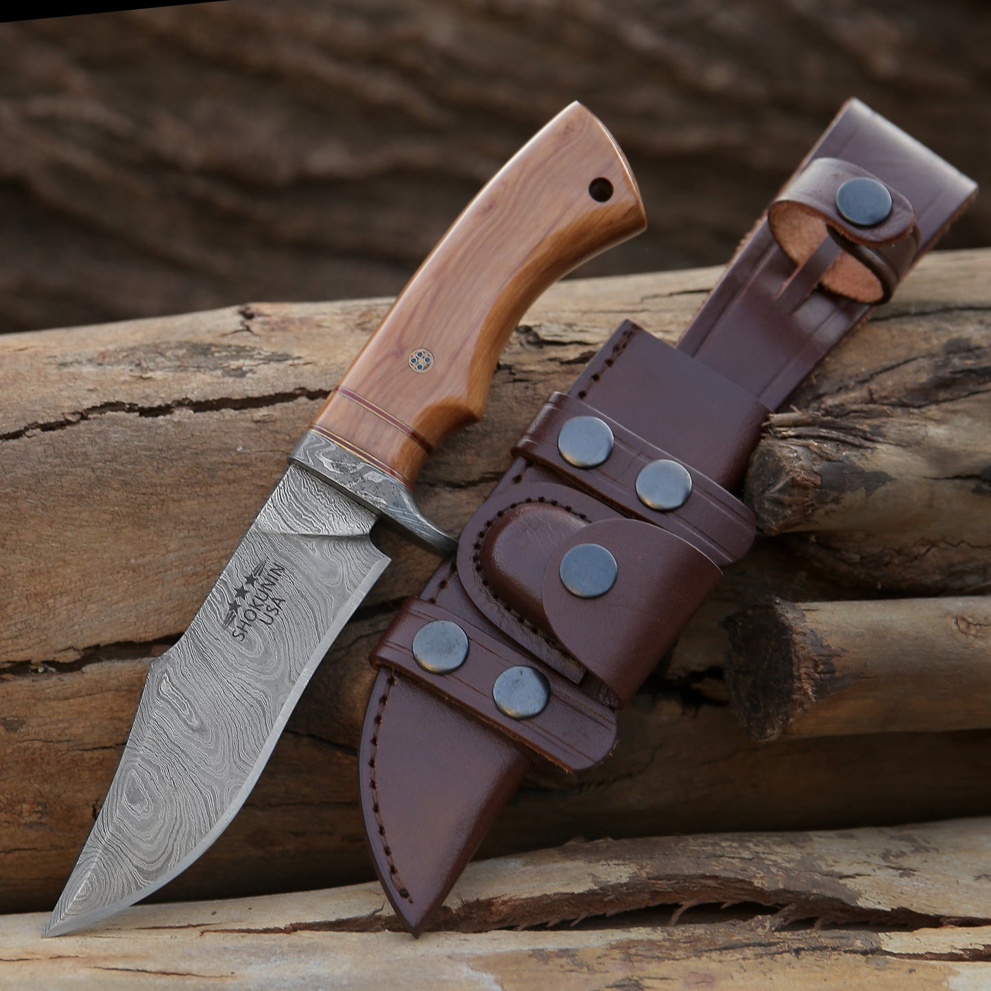 Avatar Damascus Hunting Knife with Exotic Olive Wood Handle