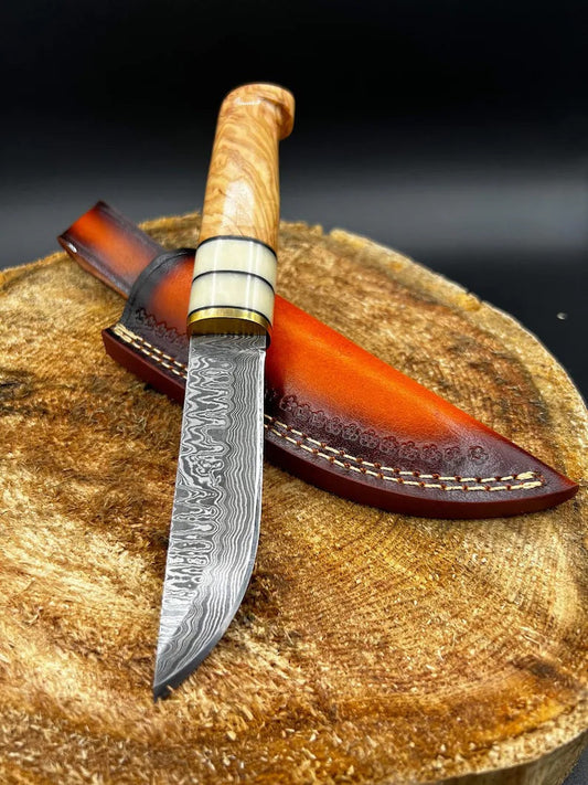 Custom Handmade Damascus Hunting Camping Knife with Bone, Olive Wood, and Brass Bolster Handle