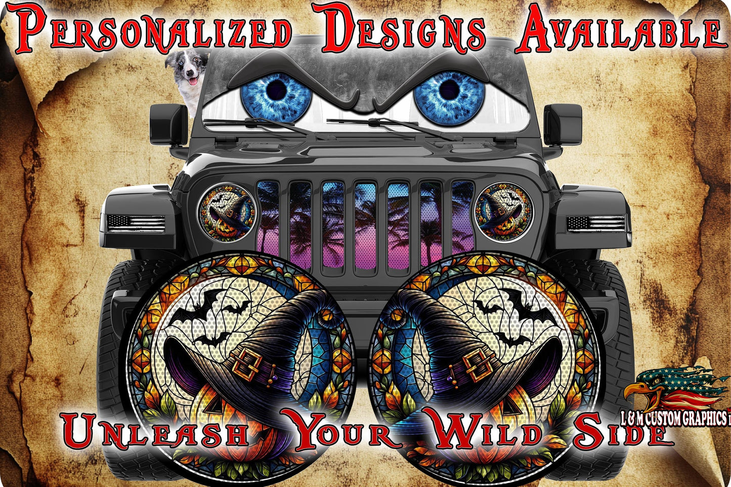 Pumpkin with which hat-stained glass round headlight decals