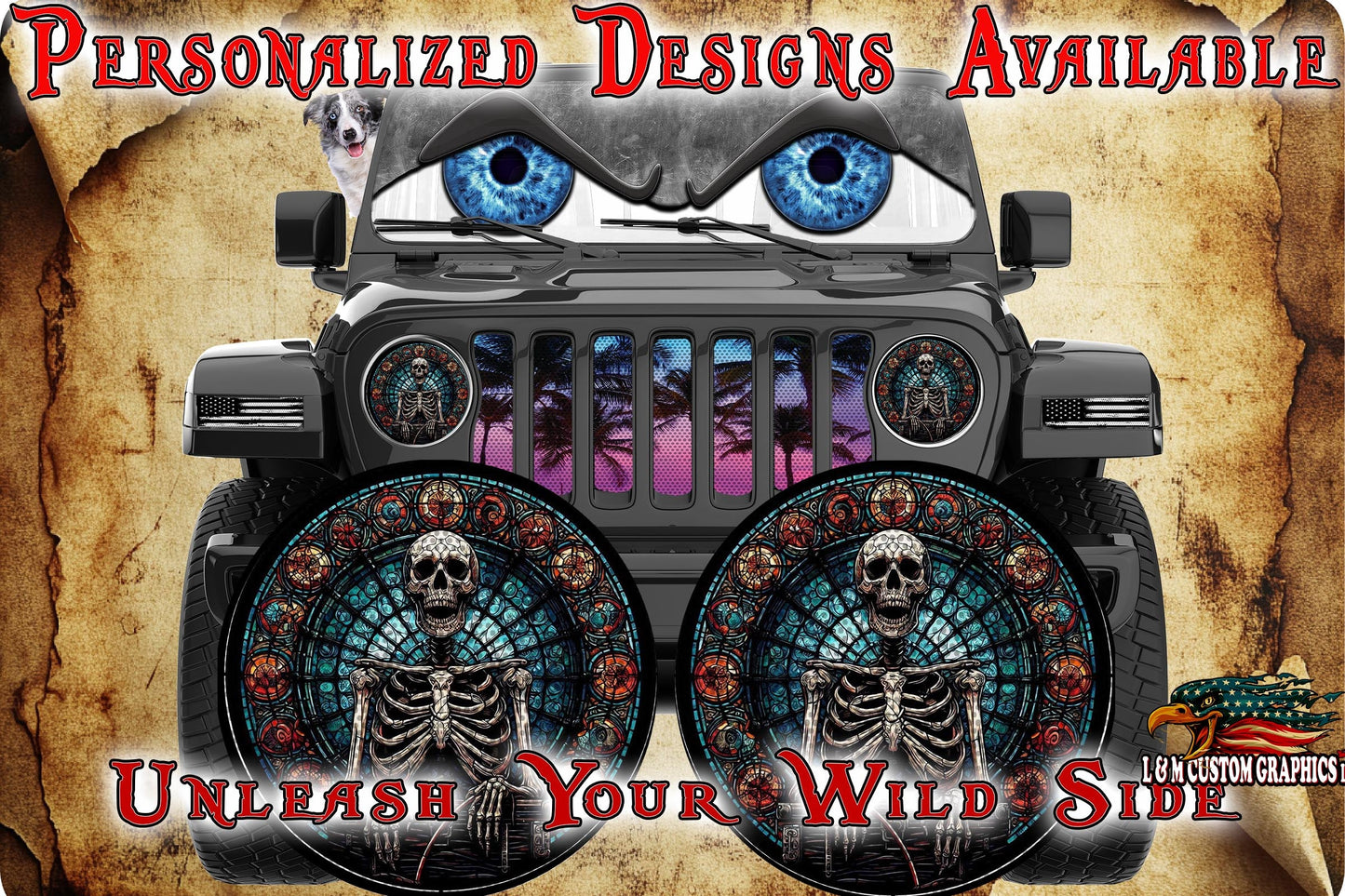 Skeleton jeep wave-stained glass round headlight decals
