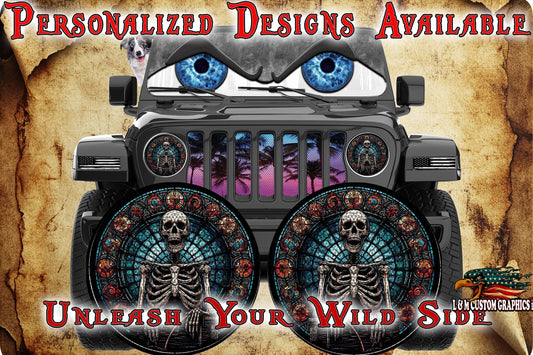 Skeleton jeep wave-stained glass round headlight decals