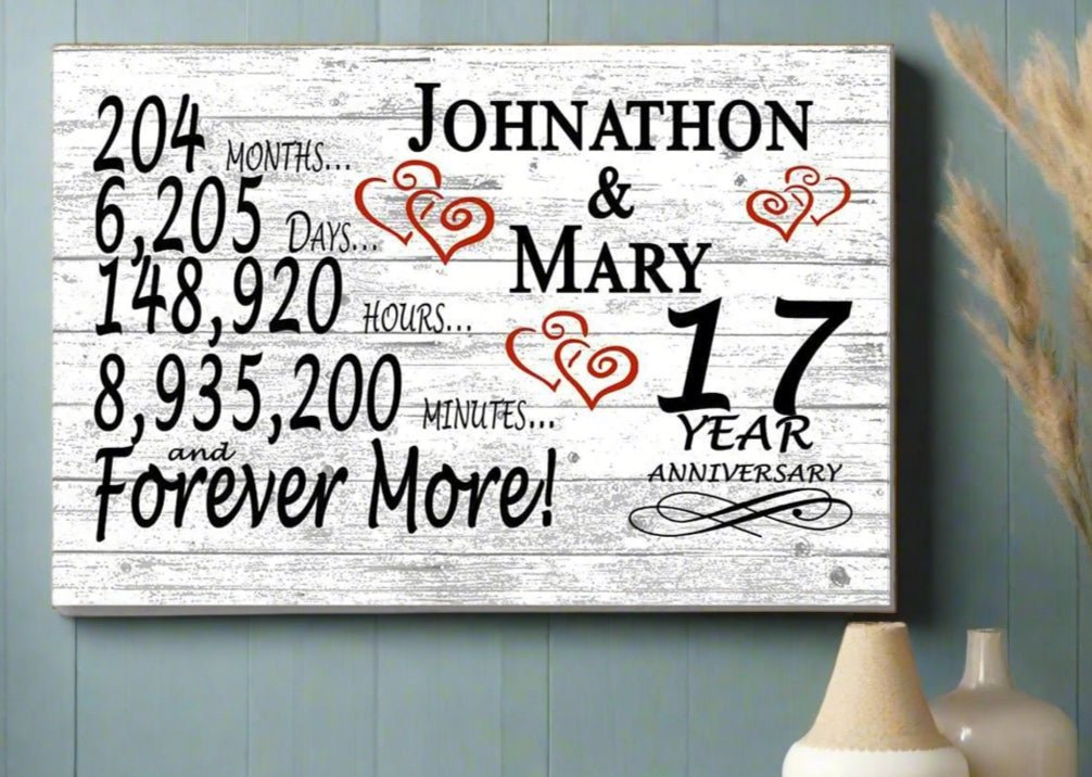 Personalized 17 Year Anniversary Gift – Custom Names | Solid Wood “Forever More” Sign