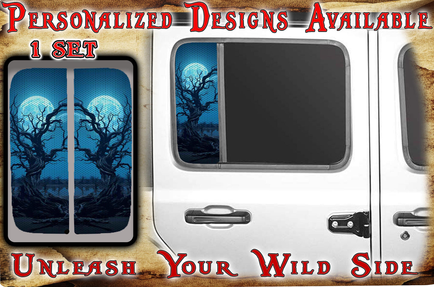 Side door window decal Creepy blue moon 184