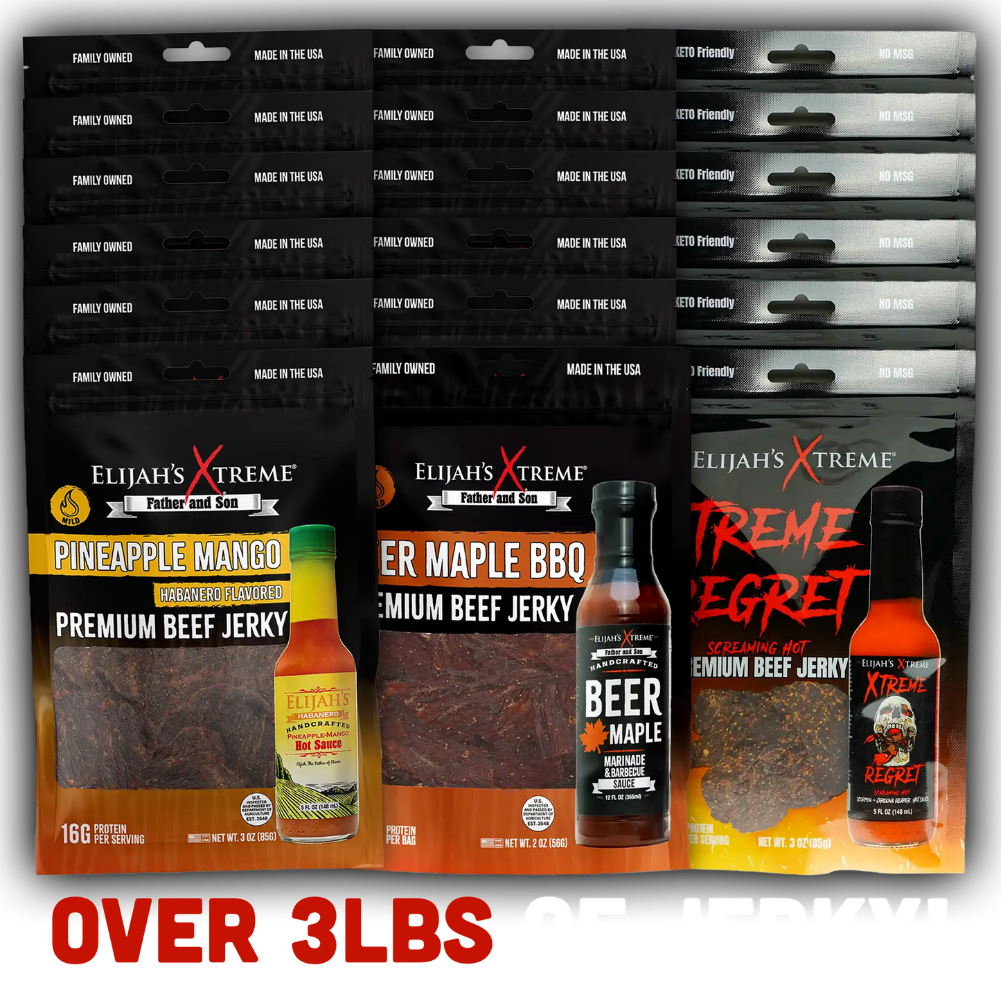 Elijah’s Xtreme Beef Jerky Bulk Trio - 6 bags of Each Flavor, 18 bags total (3lbs)