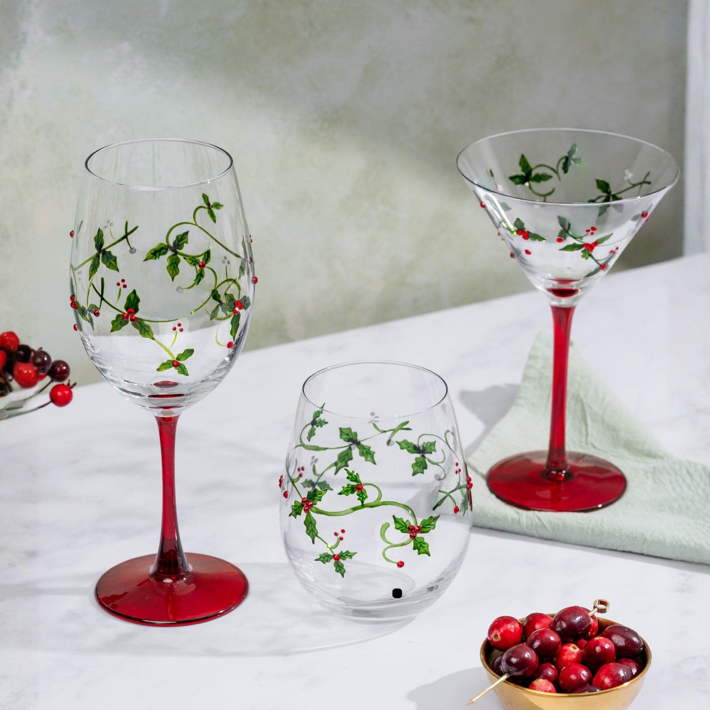 Christmas Holly Stemless Wine Glasses