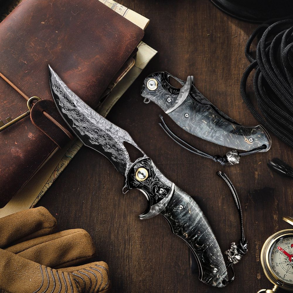 Legion Damascus Hunting Knife with Exotic Stained Maple Wood Handle