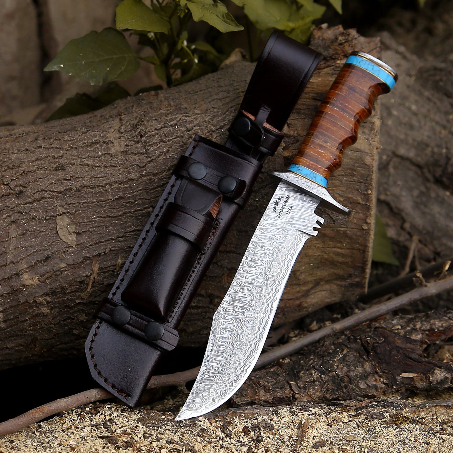 Envoy Damascus Hunting Knife with Stacked Leather Handle