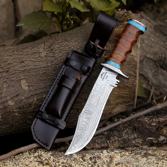 Envoy Damascus Hunting Knife with Stacked Leather Handle