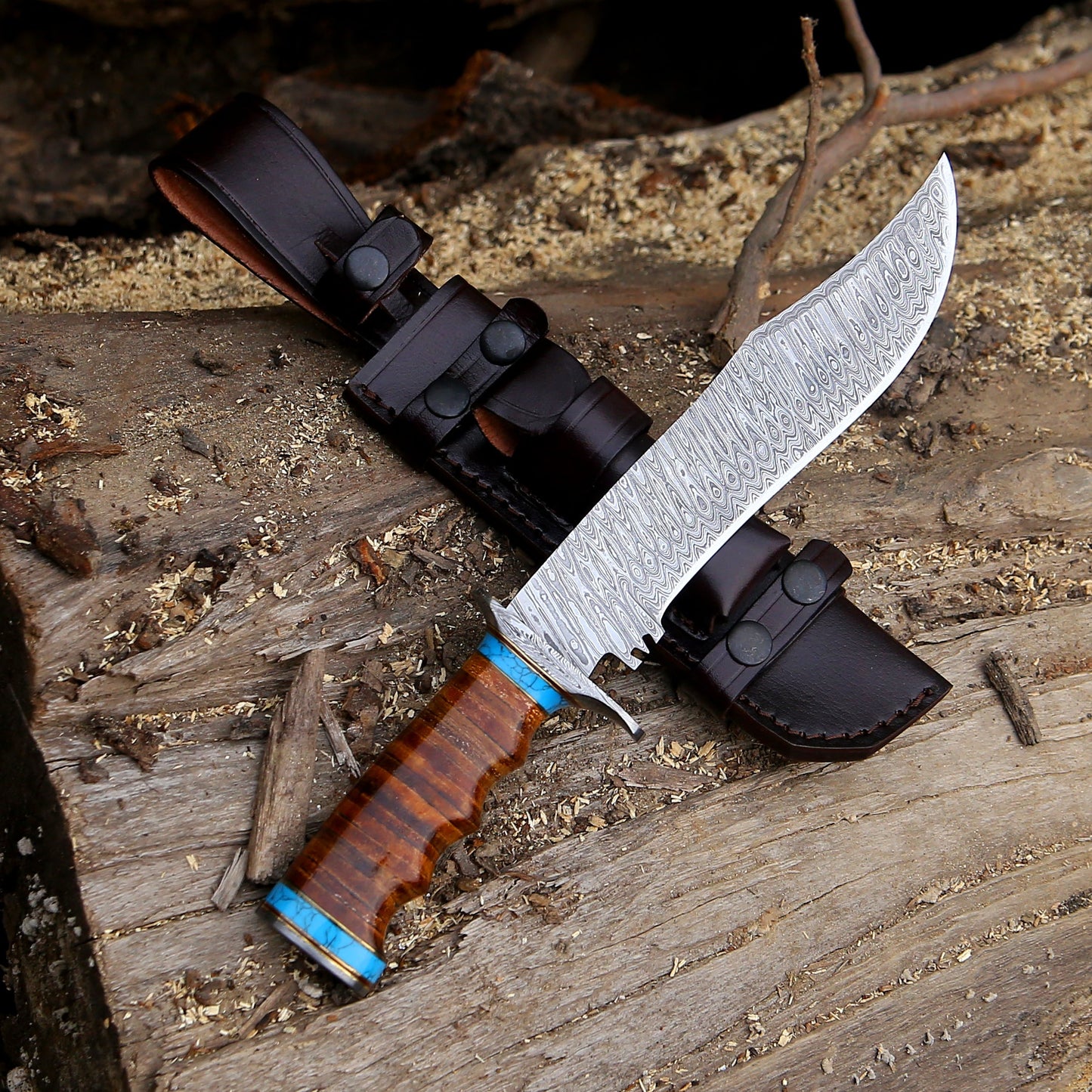 Envoy Damascus Hunting Knife with Stacked Leather Handle