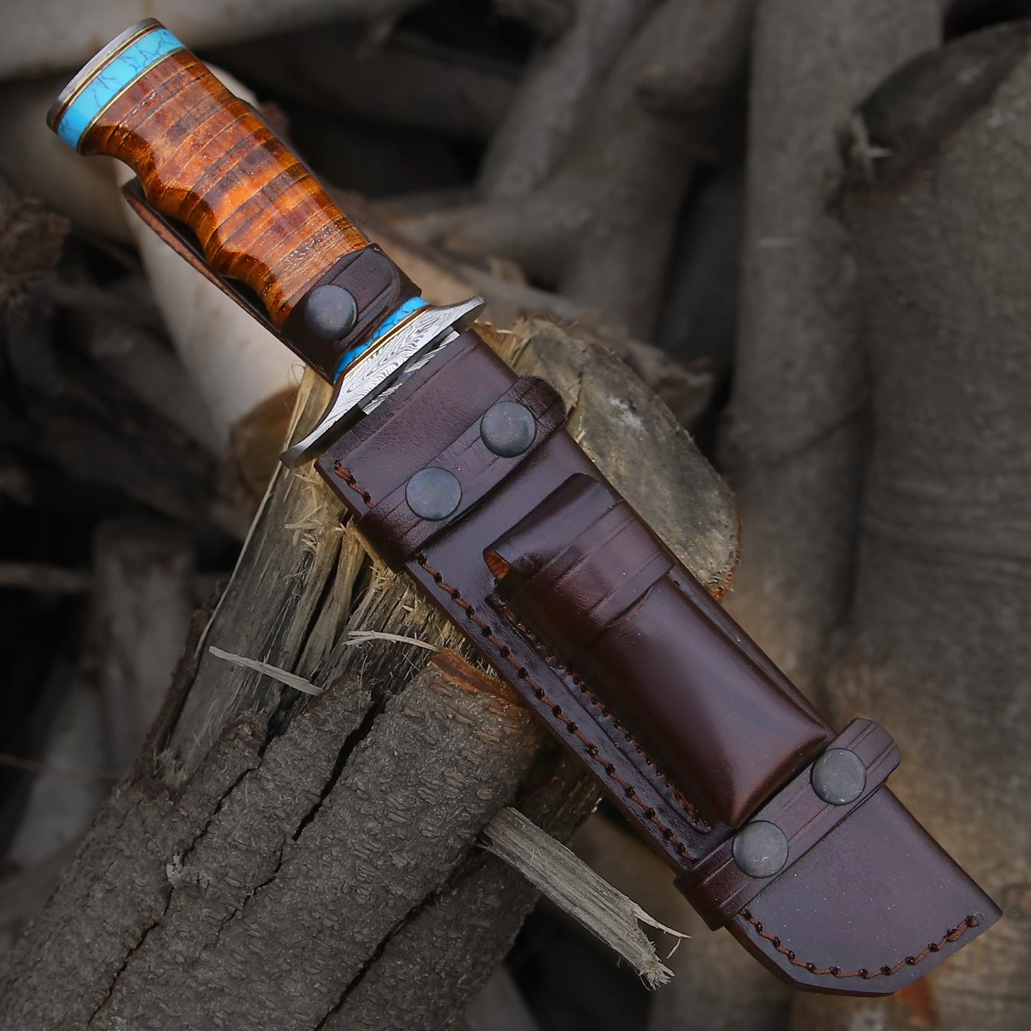 Envoy Damascus Hunting Knife with Stacked Leather Handle