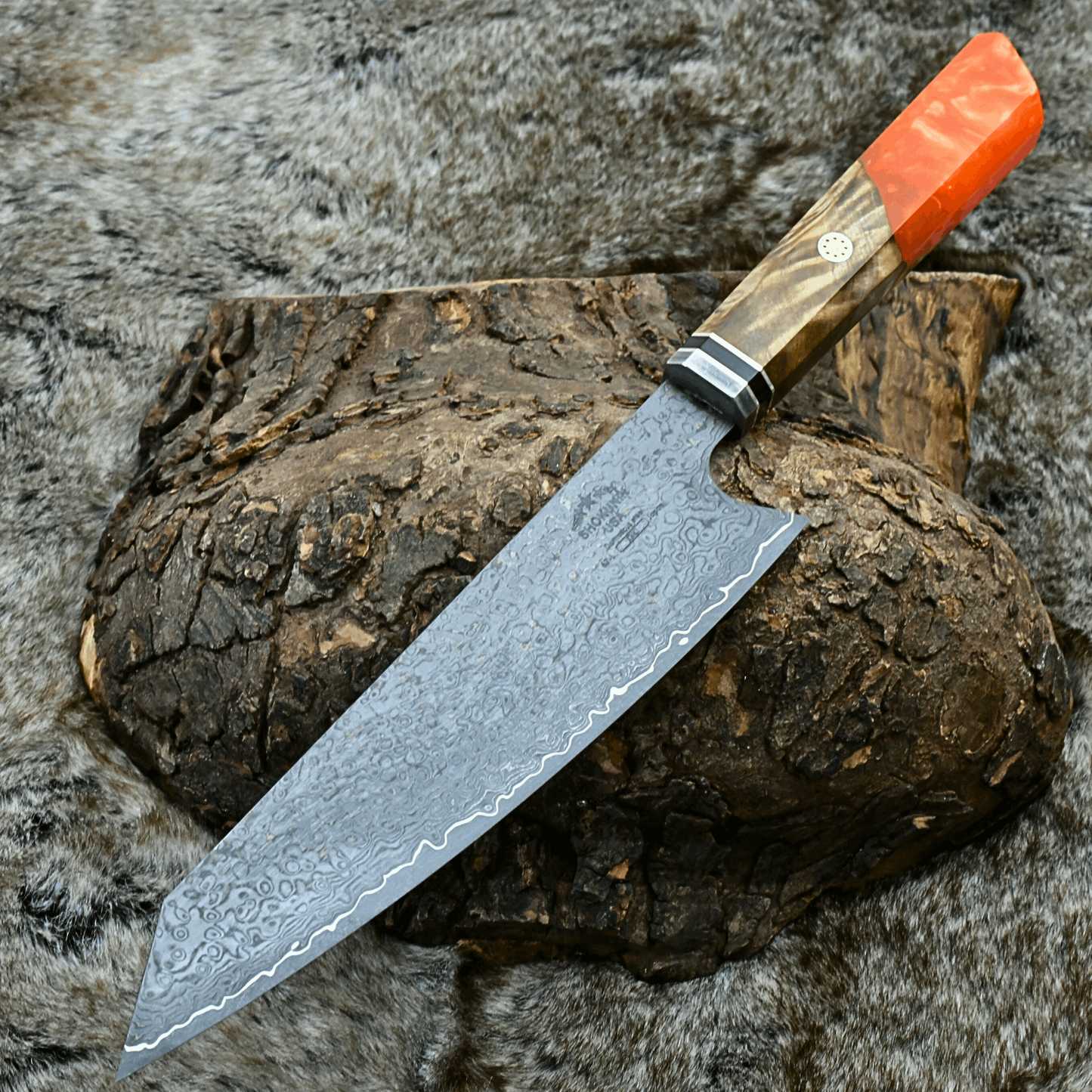 Aurora Japanese Chef Knife with Exotic Olive Burl Wood & Resin Composite Handle
