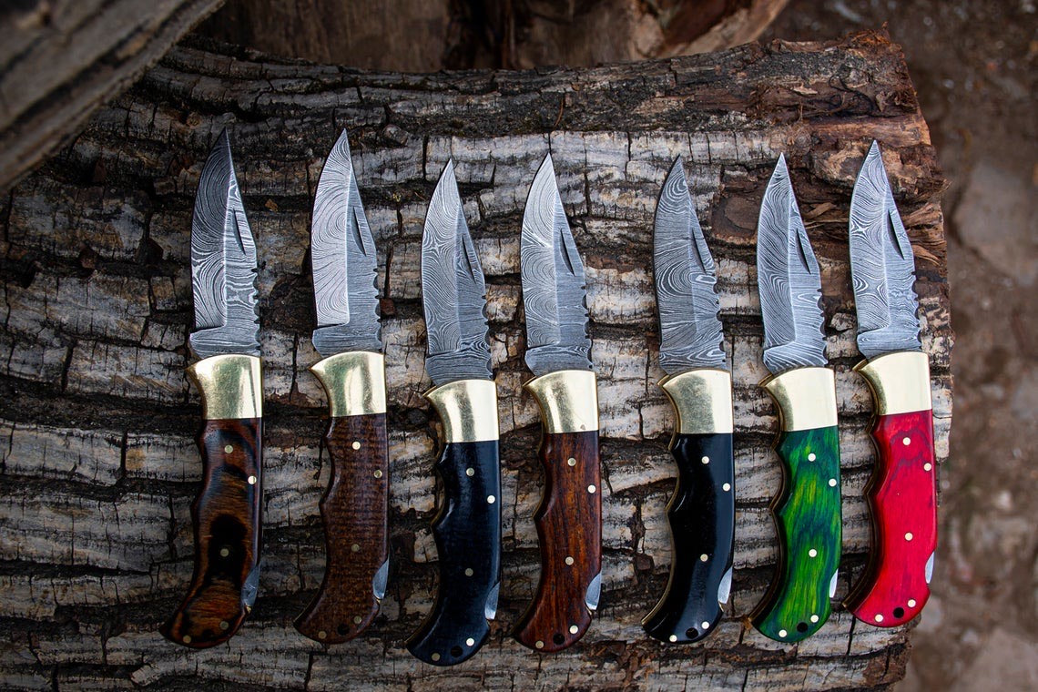 Deal of Damascus Handmade Custom 7 Folding Pocket Knives with Different Color Wood Handles, 3-inch Blade Length