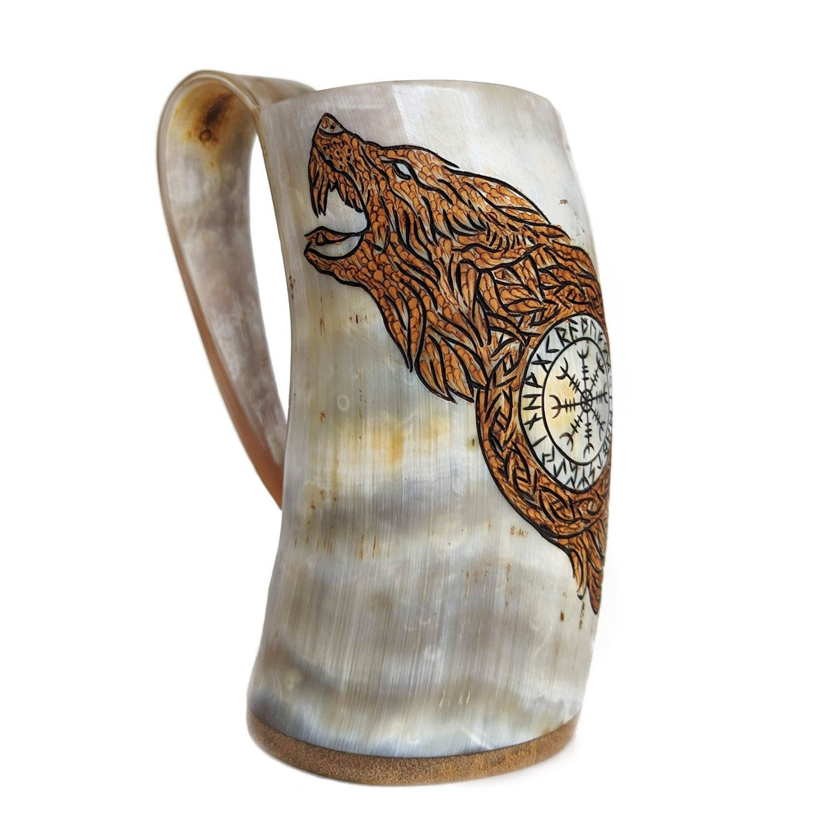 Viking Horn Tankard, Hand-Burned Norse Design