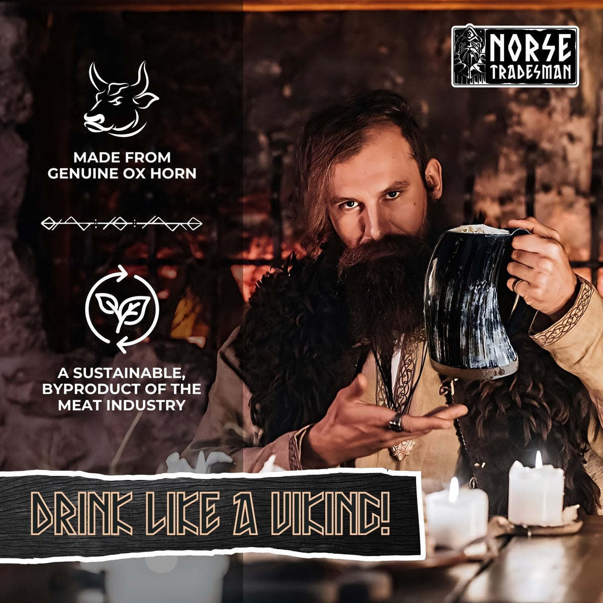 Viking Horn Tankard, Hand-Burned Norse Design
