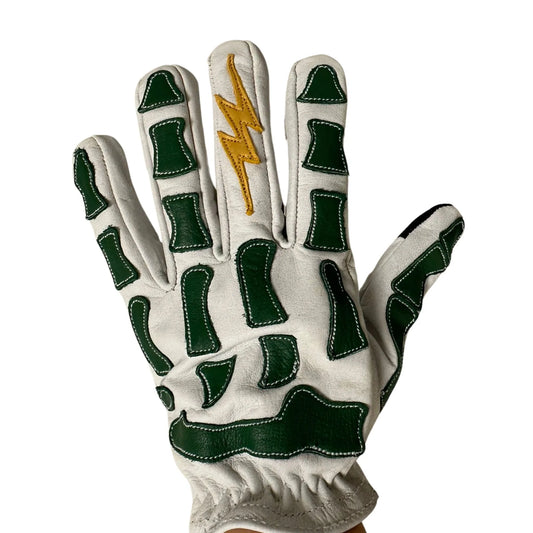 Leather Motorcycle Glove - Skeleton Astrapí (Lightning) - White & Green