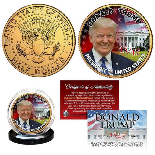 Trump 47th President - White House Fountain - Gold Plated JFK Half Dollar - 3138