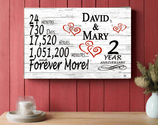 Personalized 2 Year Anniversary Gift Sign – Custom Couple’s Names | Solid Wood Romantic Wall Art