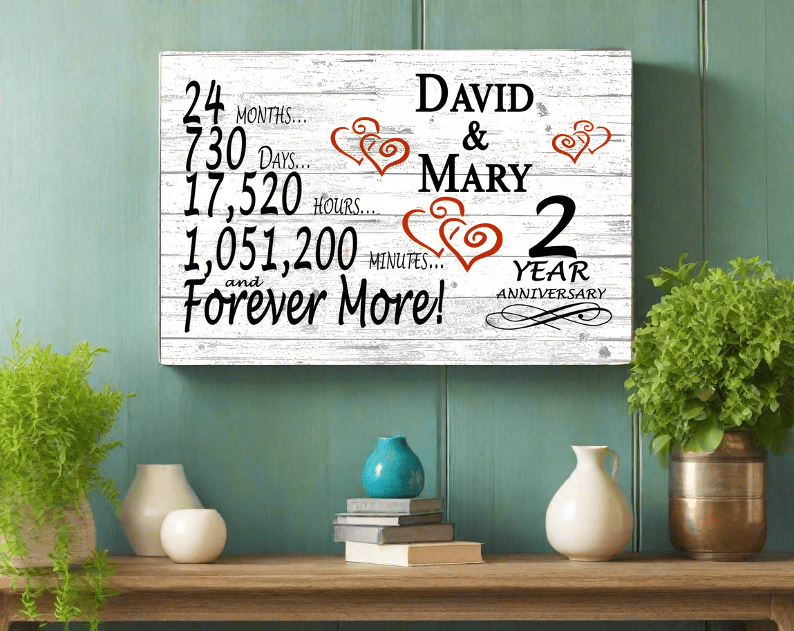 Personalized 2 Year Anniversary Gift Sign – Custom Couple’s Names | Solid Wood Romantic Wall Art