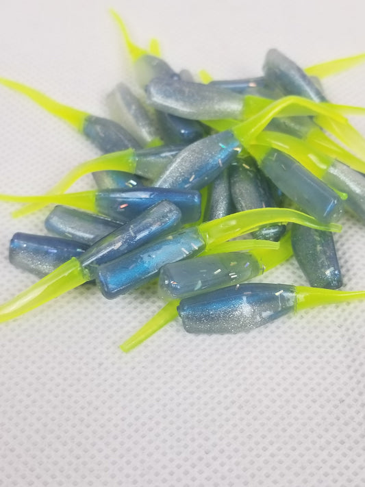 Cam's 2"(HOLOGRAM FLAKE)  Stinger Shad 35 pc Spring Blue Ice & Chartreuse Tail Crappie Soft Jigs  [A Cam's Exclusive]