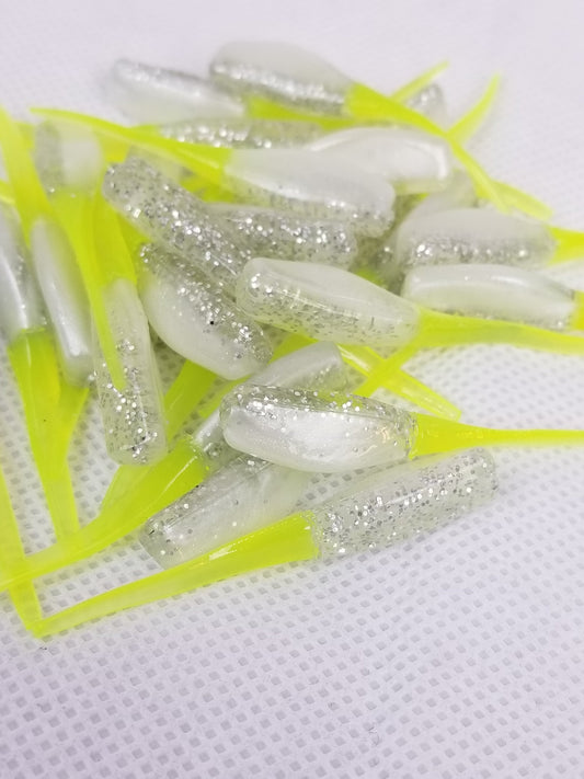 Cam's 2"(HOLOGRAM FLAKE)  Stinger Shad 35pc White Knight & Chartreuse Tail Crappie Soft Jigs [A Cam's Exclusive]