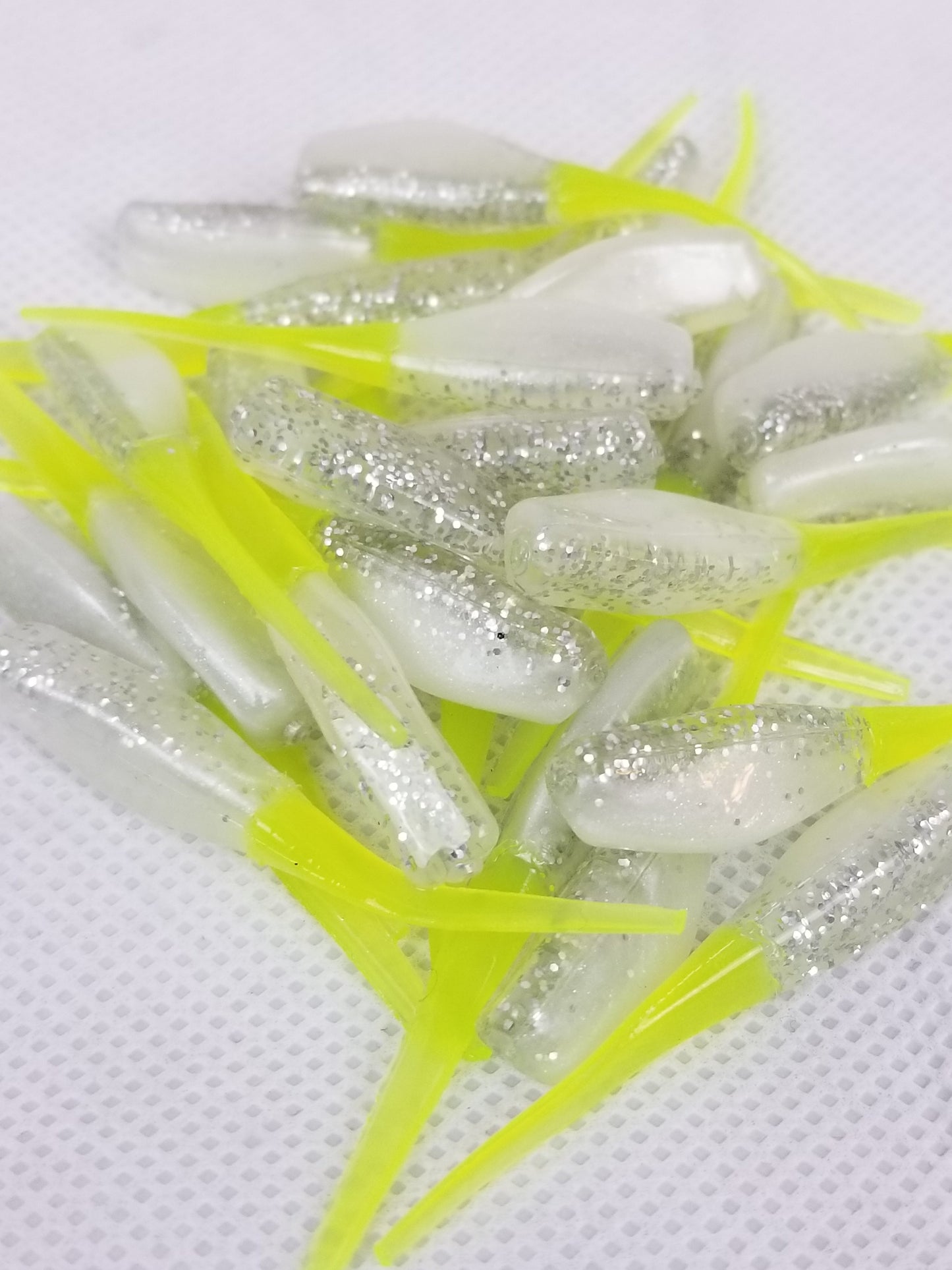 Cam's 2"(HOLOGRAM FLAKE)  Stinger Shad 35pc White Knight & Chartreuse Tail Crappie Soft Jigs [A Cam's Exclusive]